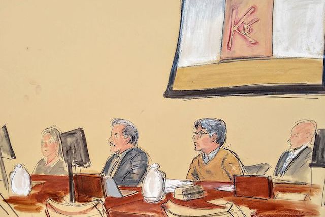 A courtroom sketch of Keith Raniere and the D.O.S. brand.
